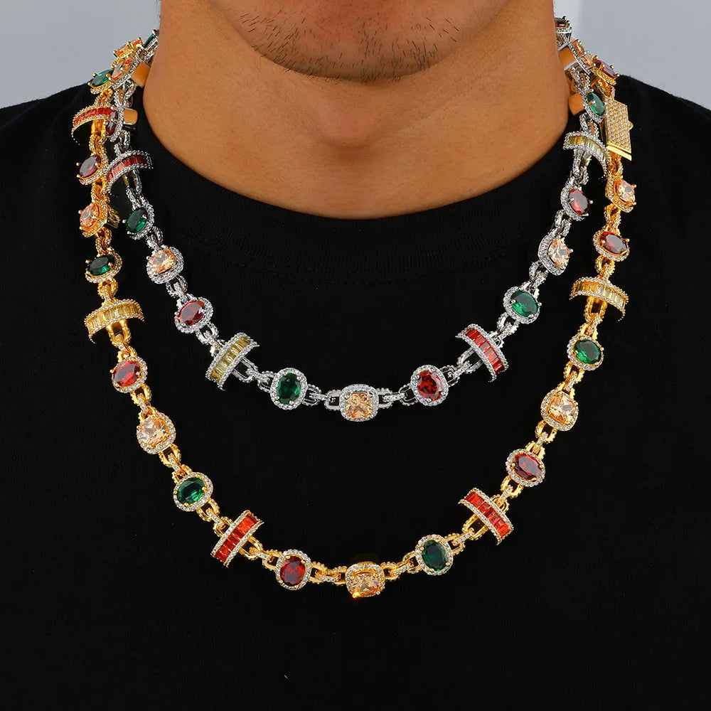 HHIOK Hip Hop Necklace for Men Colored Zircon Geometric Chain White Gold Plated Jewelry Trendy Gift for Men Women