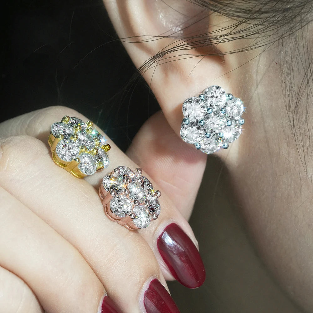 BXINY 7-stone Moissanite Flower Earrings 100%S925 Silver Honeycomb Ear Studs for Women Men Party Gift Fine Jewelry GRA Certified