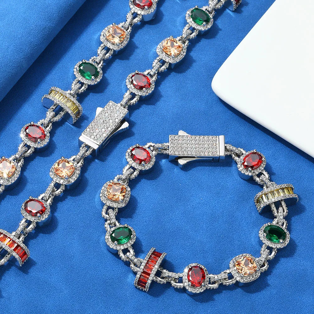HHIOK Hip Hop Necklace for Men Colored Zircon Geometric Chain White Gold Plated Jewelry Trendy Gift for Men Women