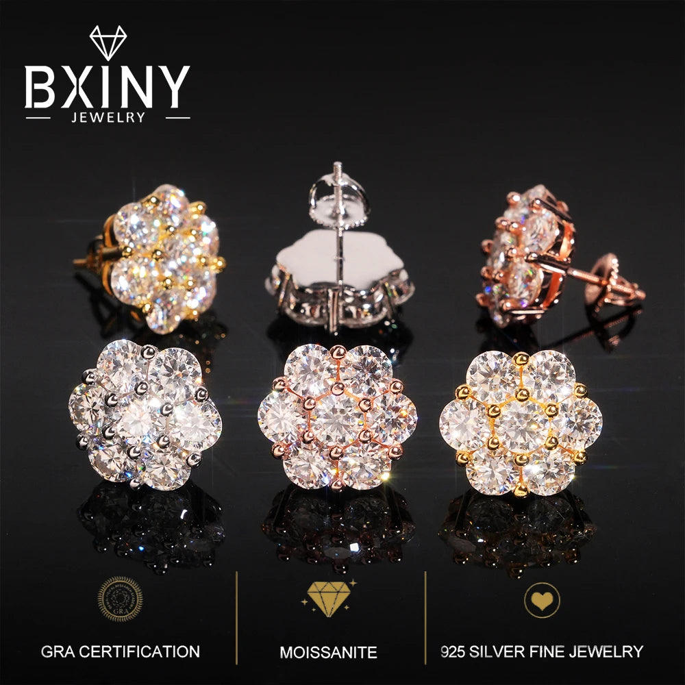 BXINY 7-stone Moissanite Flower Earrings 100%S925 Silver Honeycomb Ear Studs for Women Men Party Gift Fine Jewelry GRA Certified