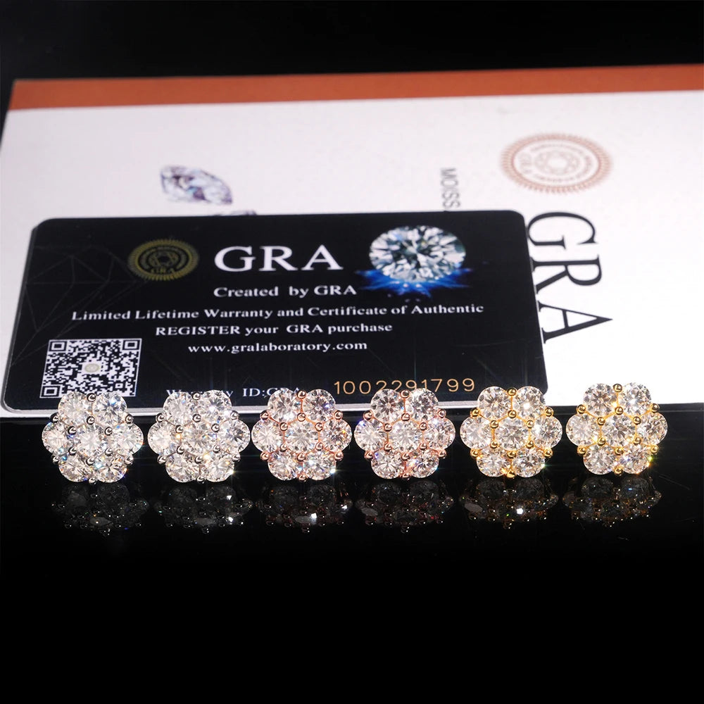BXINY 7-stone Moissanite Flower Earrings 100%S925 Silver Honeycomb Ear Studs for Women Men Party Gift Fine Jewelry GRA Certified