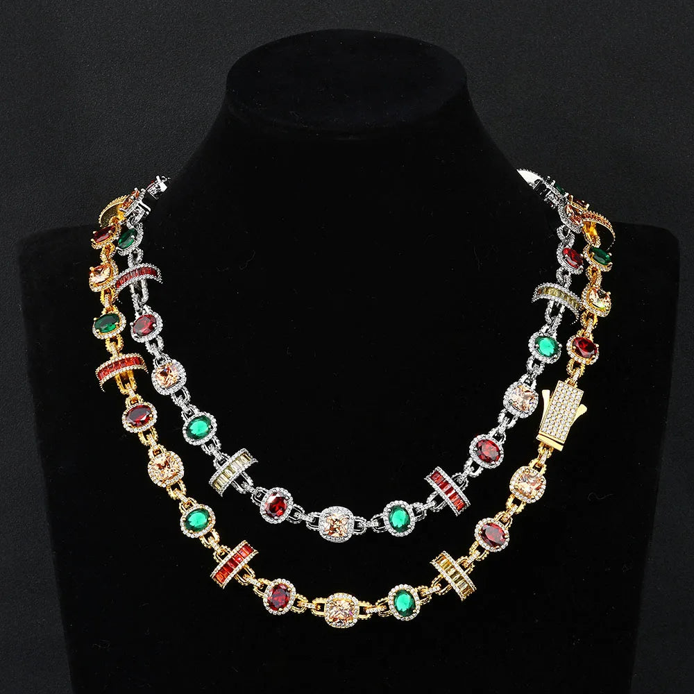 HHIOK Hip Hop Necklace for Men Colored Zircon Geometric Chain White Gold Plated Jewelry Trendy Gift for Men Women