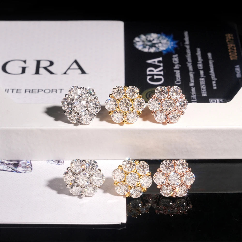 BXINY 7-stone Moissanite Flower Earrings 100%S925 Silver Honeycomb Ear Studs for Women Men Party Gift Fine Jewelry GRA Certified