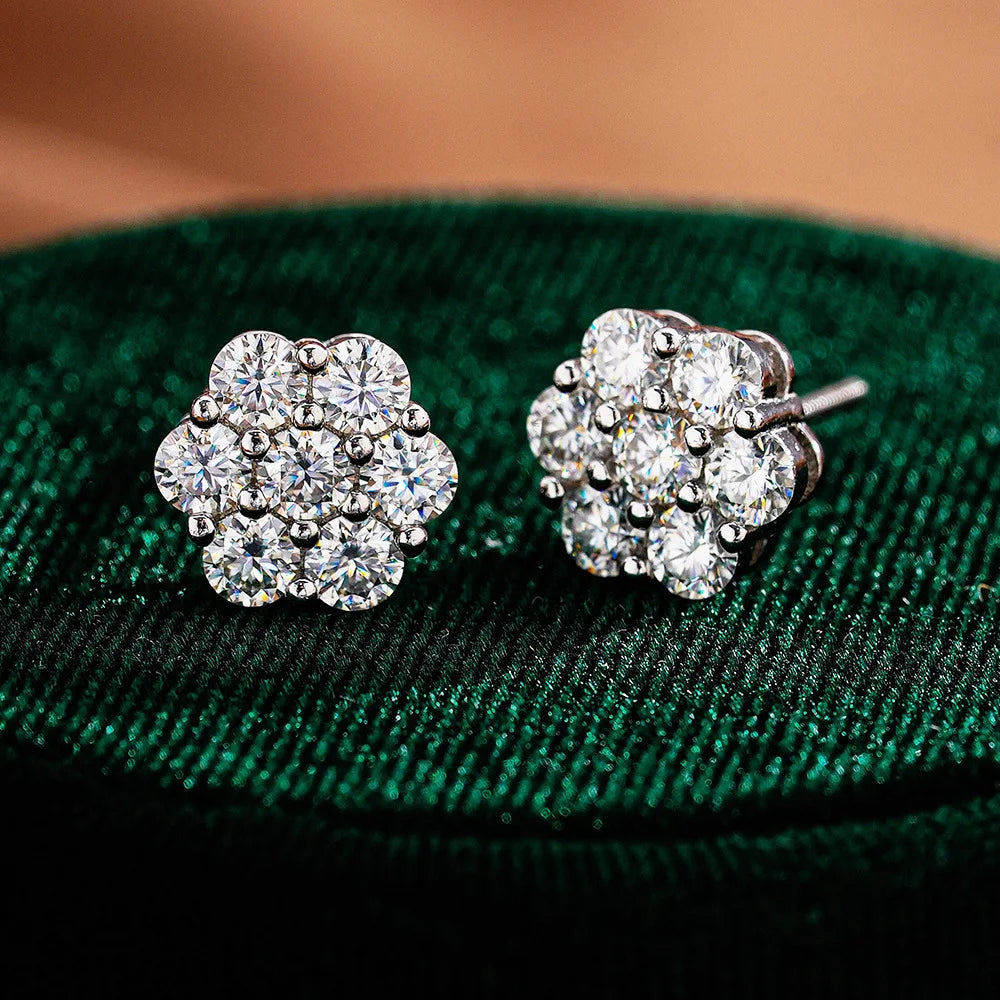 BXINY 7-stone Moissanite Flower Earrings 100%S925 Silver Honeycomb Ear Studs for Women Men Party Gift Fine Jewelry GRA Certified