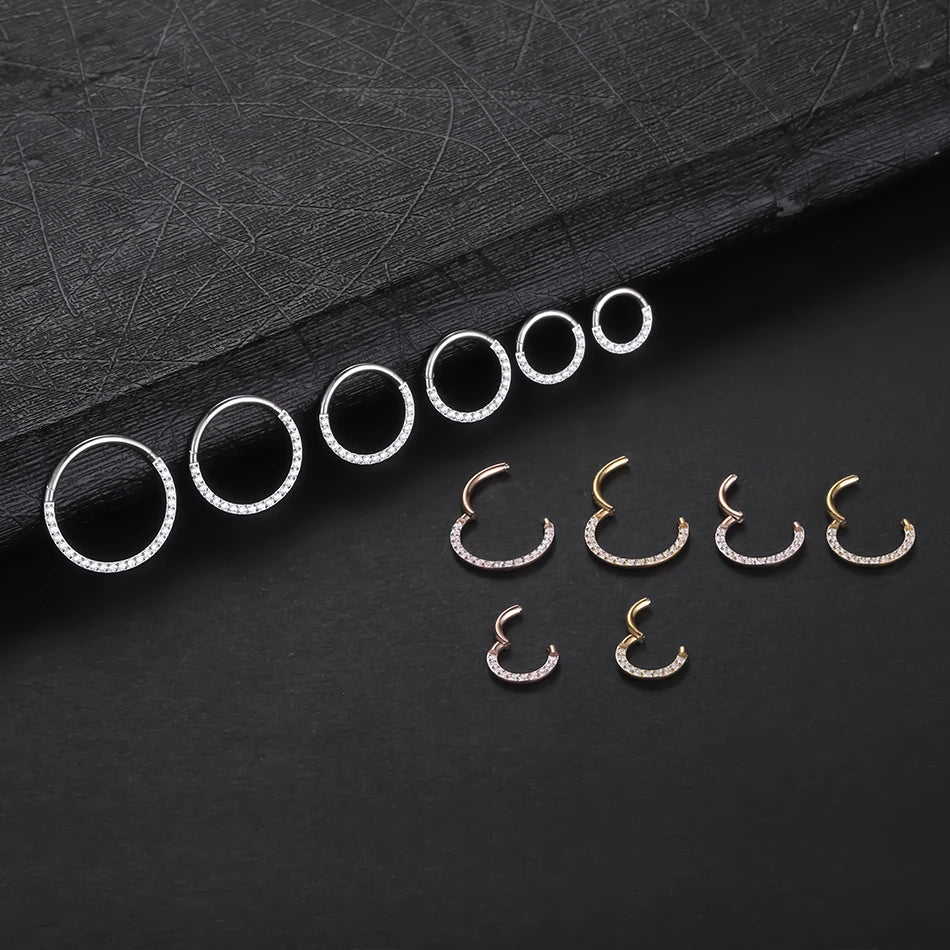 10Pcs Titanium CZ Crystal Nose Hinged Segment Hoop Clicker Ring Ear Cartilage Helix Daith Rook Lip Piercing Nariz Body Jewelry