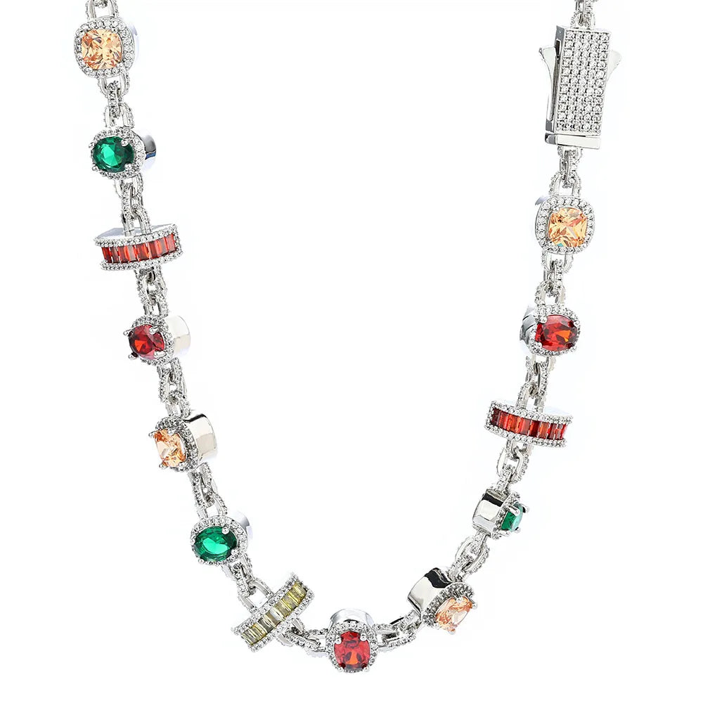 HHIOK Hip Hop Necklace for Men Colored Zircon Geometric Chain White Gold Plated Jewelry Trendy Gift for Men Women