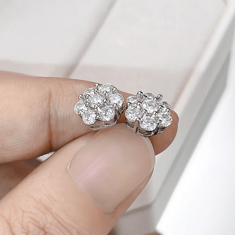 BXINY 7-stone Moissanite Flower Earrings 100%S925 Silver Honeycomb Ear Studs for Women Men Party Gift Fine Jewelry GRA Certified