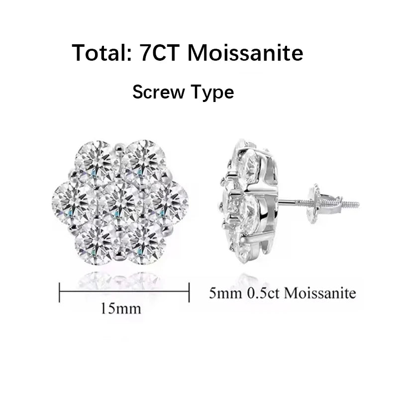 BXINY 7-stone Moissanite Flower Earrings 100%S925 Silver Honeycomb Ear Studs for Women Men Party Gift Fine Jewelry GRA Certified