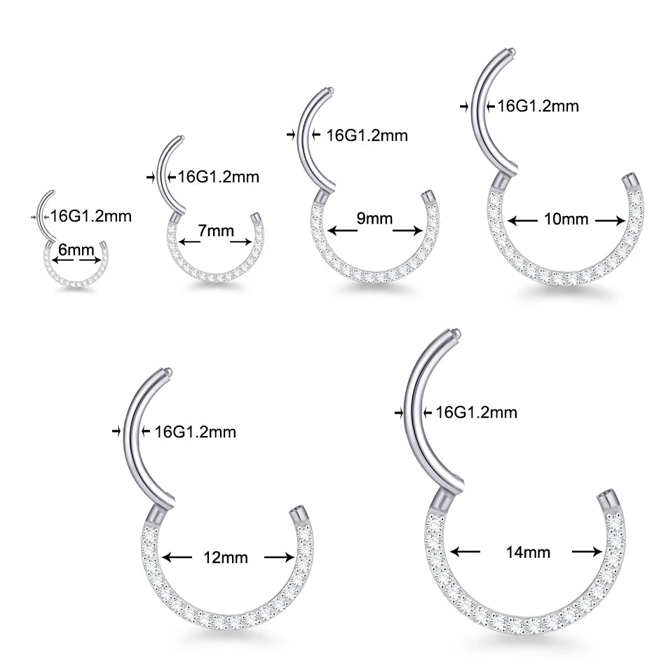 10Pcs Titanium CZ Crystal Nose Hinged Segment Hoop Clicker Ring Ear Cartilage Helix Daith Rook Lip Piercing Nariz Body Jewelry